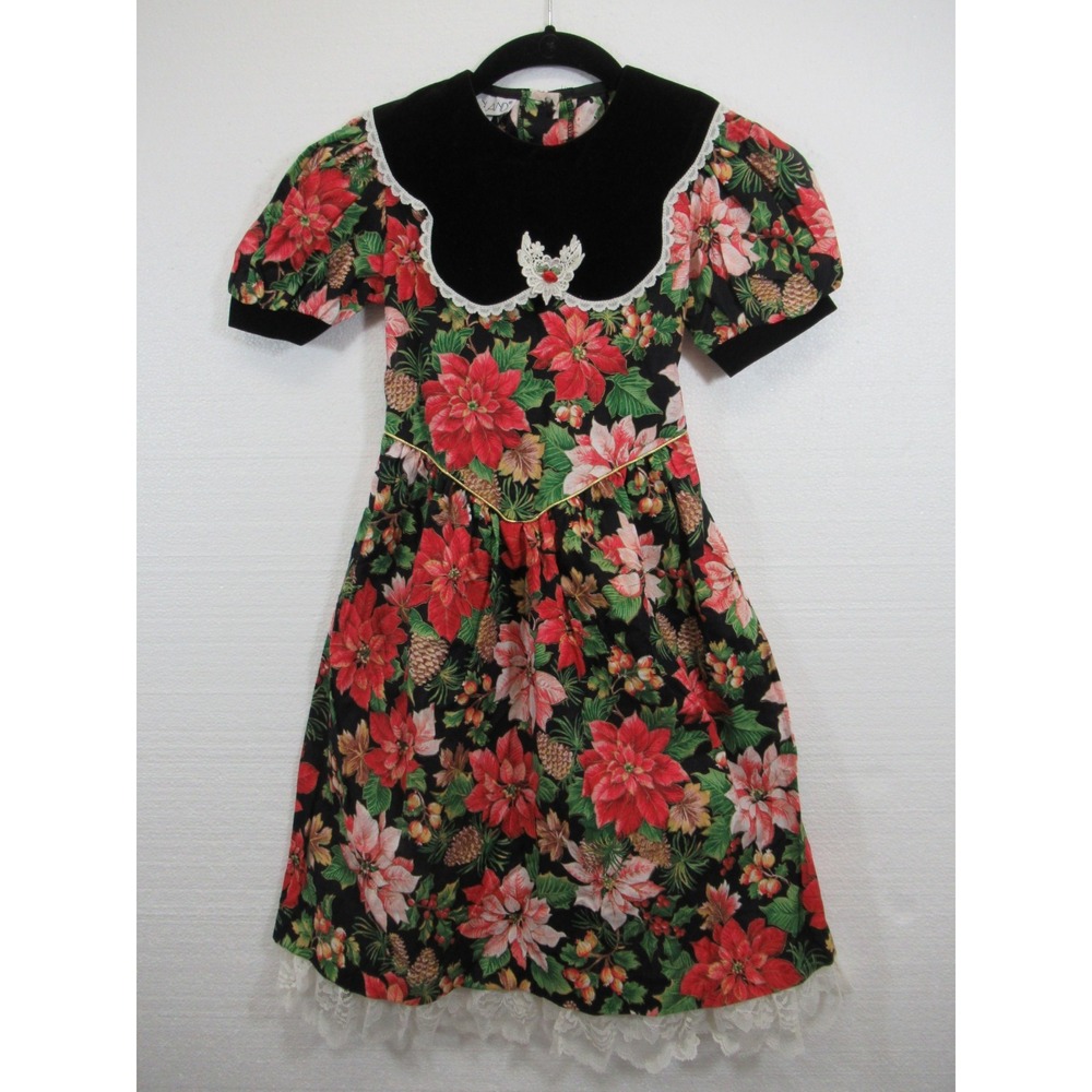 Vintage 80s 90s Youngland Poinsettia Print Dress Girls 7 Collar Christmas